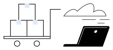 Bir dizüstü bilgisayar ve bulutun yanındaki el arabasında istiflenmiş kutular. Lojistik, bulut depolama, e-ticaret, dijital dönüşüm, işlemler, otomasyon ve nakliye süreci için ideal. Basit düz metafor