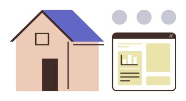 Grafikler ve metin blokları olan web sitesi arayüzünün yanındaki ev. Emlak yönetimi için ideal, çevrimiçi araçlar, gayrimenkul, akıllı evler, analitik, dijital iş, basit düz metafor