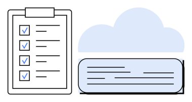 Ağlı bir bulut ve veri modülünün yanında kontrol listesi olan pano. Görev yönetimi, organizasyon, dijital iş akışları, üretkenlik, bulut hesaplama, veri depolama, hedef izleme, basit düz
