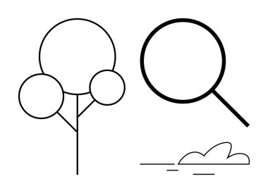 Dairesel gölgelikli soyut ağaç, büyüteç ve minimalist çizgili sanat tarzında bir bulut. Keşif, doğa, araştırma, çevre, büyüme araştırması ve basitlik konuları için idealdir. Temiz