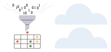 İkili veri, bulut depolama ve analizi için bilgileri düzenleyen bir huniden bir masaya geçer. Büyük veri, bulut hesaplama, veri işleme, organizasyon ve makine öğrenimi için ideal