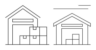 İki depo yapısında istiflenmiş kutular, envanteri, lojistiği, tedarik zincirini, depolama çözümlerini ve nakliye yönetimini sembolize ediyor. İş, envanter, lojistik organizasyon için ideal