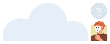 Düşünceli bir insan, bir bulut arkaplanı ve yüzde çemberinin yakınında maske tutuyor. Konseptler için idealdir. Kendini düşünme, kimlik, içgözlem, kişisel büyüme, karar verme mekanizması.