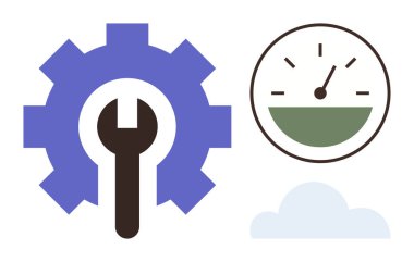 İngiliz anahtarı, hız göstergesi, ve bulut vurgulama araçları, verimlilik ve bağlantı ile vites. Teknoloji, onarım, bulut depolama performans optimizasyonu için ideal modern sistemler. Basit.