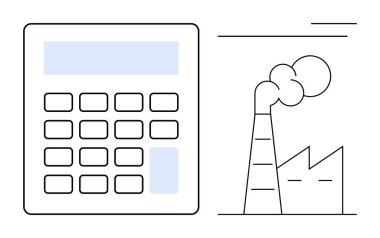 Fabrikanın yanındaki hesap makinesi duman salınımı yapıyor. Sürdürülebilirlik, finans, karar verme, endüstri, analiz, çevre, verimlilik için ideal. Temiz çizgiler basit düz metafor