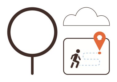 Büyüteç, bulut, güzergah haritası, yürüyen siluet, ve lokasyon broşu, keşif, navigasyon ve izleme. Macera için ideal, seyahat planlama stratejisi keşif problem çözme