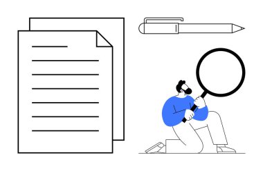 Elinde büyüteçle diz çöküp kalemin yanındaki belgeyi inceleyen bir adam. Analiz, denetim, araştırma, sorun çözme, düzeltme, titiz inceleme için ideal. Basit düz metafor