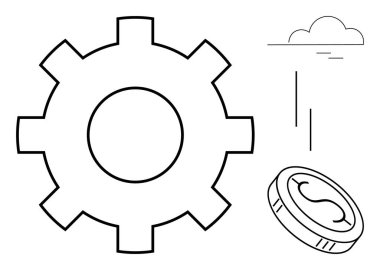 Geniş teçhizat ve bozuk para bulutlu ve düşen çizgilerle verimlilik, yenilik, iş döngüleri ve karar verme süreçlerini vurguluyor. Finans, ekonomi, sanayi, yenilik, büyüme için ideal