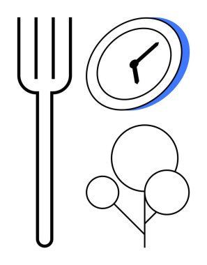 Çatal, saat ve ağaç sembolleri yemek, zaman ve sürdürülebilirliği simgeliyor. Yemek planlama, zaman izleme, eko-yaşam verimliliği beslenme farkındalığı sürdürülebilir