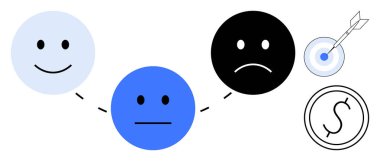 Mutlu, tarafsız ve üzgün yüzler kesik çizgilerle bağlanmış, hedef ok ve para ile hedeflenmiş. Duygular için ideal, zihinsel sağlık, ilerleme izleme, hedefler başarı finansal kararlar basit düz