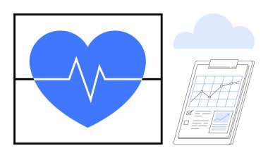 Mavi kalp ve ekokardiyografide bölünme, panoda sağlık analizi raporu ve bulut simgesi var. Sağlık, sağlık, tanı, teknoloji ve kardiyoloji verileri için ideal. Basit düz