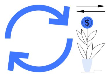 Mavi dairesel oklar, dolar işaretli büyüyen bitkiler, bitişik oklar. Finans, sürdürülebilirlik, iş, yeniden yatırım, büyüme zenginliğini optimizasyon süreci için idealdir. Minimum düz bir metafor