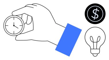 El ele tutuşan saat, ampul ve dolar işareti. Zaman yönetimi, üretkenlik, yenilik, finansal planlama, yaratıcılık verimliliği için ideal karar verme mekanizması. Basit düz metafor