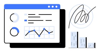 Çizgi grafiği, çizgi grafiği, pasta grafiği, metin analizi ve imza grafiği olan veri paneli. Veri analizi, raporlama, iş performansı, görselleştirme stratejisi iletişimi için ideal