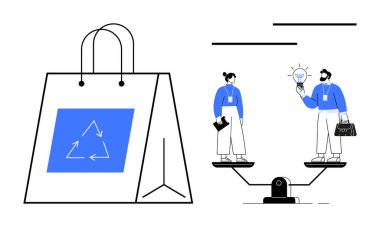 Üzerinde geri dönüşüm logosu olan büyük bir kese kağıdı, terazide dengede duran iki iş adamı, fikirler ve ürünler tutuyor. Sürdürülebilirlik, yenilik, denge, çevre dostu yaklaşım ve iş için ideal