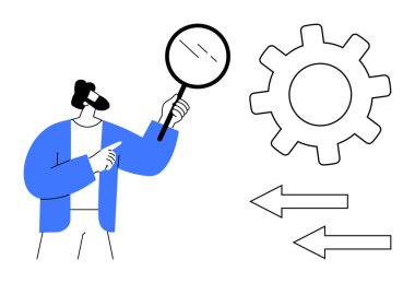 Elinde büyüteç, inceleme teçhizatı ve işlem akışını gösteren iki ok tutan kişi. Problem çözme, analiz, iş akışı, süreç optimizasyonu, yenilik, mühendislik, sistem düşünme için ideal