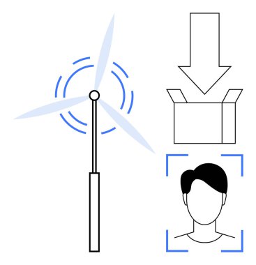 Dönüş çizgileri olan rüzgar türbini, aşağı doğru oklu kutuyu aç, yüz tanıma çizgisi. Sürdürülebilirlik, yenilenebilir enerji, yenilik, teknoloji, yapay zeka, iletim sistemi veri güvenliği için ideal