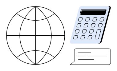 Küresel telgraf, hesap makinesi ve konuşma balonu küresel iletişim, finansal planlama, bütçe, eğitim, veri analizi, ödeme süreci ve karar verme sürecini basit bir düz metaforda aktarır.