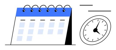 Analog saatin yanında işaretli çarşafları olan sarmal bir takvim. Planlar, teslim tarihleri, verimlilik, etkinlikler, hatırlatıcılar, organizasyon, zaman çizelgeleri için ideal. Temiz tasarım basit düz metaforu vurgular