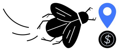 Böcek, yer işareti ve madeni para simgesiyle birlikte uçuş rotasında ilerliyor. İzleme, hareket, finans, konum, çözümler, lojistik ve keşif için ideal. Basit düz metafor