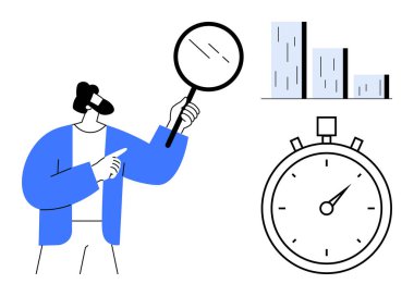 Büyüteçle profesyonel denetim bilgileri, bar çizelgesi ve kronometre eşliğinde. Araştırma, veri analizi, performans değerlendirmesi, üretkenlik, ölçüler, zaman yönetimi için ideal