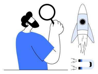 Büyüteç, roket fırlatma ve mıknatısla inceleyen adam keşfi, yeniliği, başarıyı ve cazibeyi sembolize eder. Araştırma, girişim ve liderlik teknolojisi için ideal.