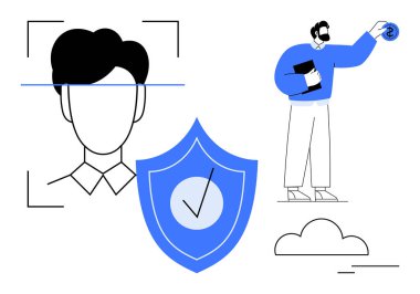 Teknik hatları olan yüz taraması, işaretli kalkan, tablet ve güvenlik simgesi tutan kişi. Yapay zeka, biyometri, siber güvenlik, kimlik doğrulama, veri gizlilik teknolojisi güvenliği için ideal. Basit düz