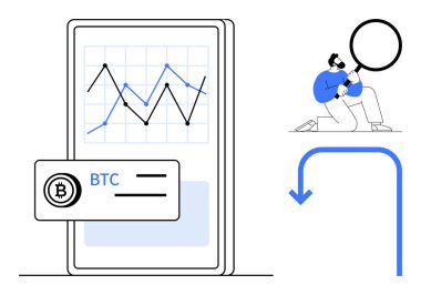 Akıllı telefon ekranı grafiği ve Bitcoin veri kartını gösterir. Şekil, trendleri büyüteçle inceliyor. Kripto para birimi, finans, analitik, dijital ticaret, büyüme, veri araştırması için ideal