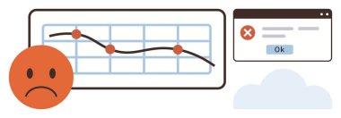 Veri işaretli aşağı doğru çizgi grafiği, kırmızı üzgün ifade, hata mesaj kutusu ve bulut. İş kaybı, hatalar, başarısızlık, analitik sorunlar, hayal kırıklığı hatası işleme veya toparlama için ideal