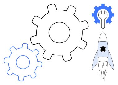 Birbirine kenetlenmiş dişli mekanizmaları İngiliz anahtarı sembolü ve roket fırlatılıyor. Teknoloji, mühendislik, takım çalışması, yenilik, problem çözme, ilerleme ve başlangıç kavramları için idealdir. Basit düz metafor