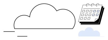 Masa başı takviminin yanındaki bulut simgesi dijital depolama ve zaman yönetimini birleştirir. Üretkenlik, bulut hesaplama, teknoloji, planlama, organizasyon, programlama ve dijital işbirliği için idealdir. A