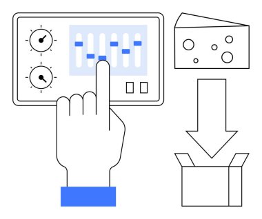 Dokunmatik ekran kontrol paneli, peynir temsili ve ambalaj süreci okuyla el etkileşimi. Otomasyon, üretim, teknoloji, fabrika, gıda endüstrisi, verimlilik için idealdir.