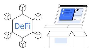 Bağlı düğümlere bağlı engelleme ağı DeFi, dizüstü bilgisayar ekranı arayüzü ve açık kutu. Finans, yenilik, teknoloji, engelleme zinciri, e-ticaret ademi merkeziyeti için ideal online trendler. Basit.