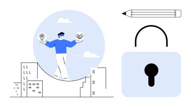 Ampul ve el sıkışma, kalem, kilit gibi binalar arasında yürüyen biri. Yenilik için ideal, denge, yaratıcılık, koruma, iş karar verme ekibi çalışması. Basit.