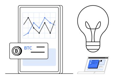 Grafik, Bitcoin sekmesi, büyük ampul ve dizüstü bilgisayarlı cep telefonu. Kripto para birimi, engelleme zinciri, fintech, yenilik analizi yatırım başlangıç konsepti için idealdir. Basit düz metafor
