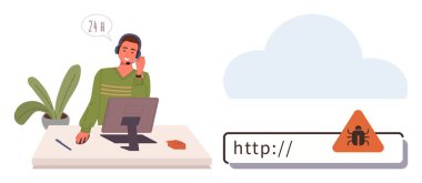 Resepsiyondaki adam kulaklık takıyor, Tarayıcı adresinde hata uyarısıyla belirtilen zararlı yazılım sorununu çözerken 247 bilişim desteği sağlıyor. Müşteri hizmetleri, siber güvenlik, kötü amaçlı yazılım desteği için ideal