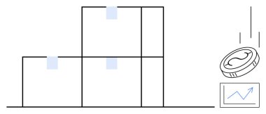 Yığılmış kutular tedarik zincirini ya da büyümeyi temsil ediyor. Düşen para yatırımı simgeler. Yukarıdaki grafik başarı ya da kazancı gösterir. Finans, lojistik, e-ticaret, büyüme, yatırım ve başarı için ideal