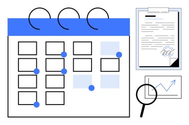 İşaretli olaylarla dolu bir takvim, panoda imzalı bir belge ve grafik verilerini analiz eden bir büyüteç. Organizasyon, planlama, planlama, analitik, iş akışı stratejisi verimliliği için idealdir. Basit.