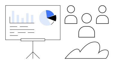 Üç insan simgesi ve bulutun yanında projektör üzerinde çizelge ve pasta grafiği. Veri analizi, takım çalışması, bulut teknolojisi, sunum, iletişim, işbirliği, uzaktan çalışma için ideal