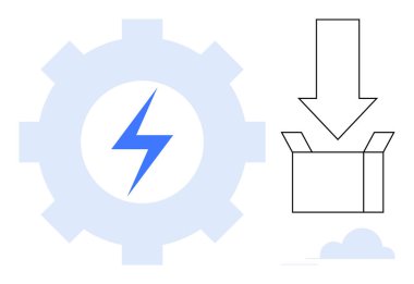 Yıldırımlı teçhizat gücü ve otomasyonu simgeler, kutuyu gösteren ok ise teslimatı veya uygulamayı simgeler. Teknoloji, yenilik, otomasyon, enerji, lojistik, yazılım için ideal