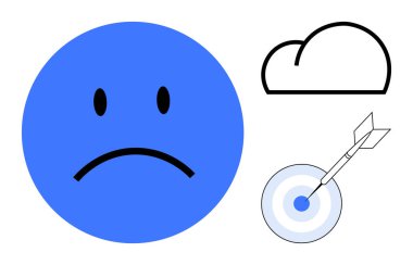 Mavi üzgün surat olumsuzluğu ifade ediyor, bulutları işaret eden düşünceleri ve hedeflere ulaşmayı temsil eden hedefi vuruyor. Duygular, akıl sağlığı, motivasyon, başarı ve problem çözme için ideal