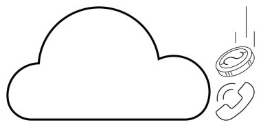 Düşen para ve telefonun bulunduğu bulut sembolü mali işlemleri, iletişim teknolojisini ve veri depolamayı temsil ediyor. İş, teknoloji, bulut, finans, tasarruf için ideal