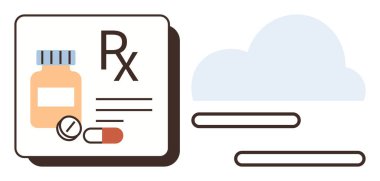 İlaç şişesi, hap, kapsül ve internetteki eczane erişimini simgeleyen bir bulut işareti. Sağlık hizmetleri, e-reçete, teletıp, dijital yenilik, tıbbi teknoloji sağlık uygulamaları için ideal