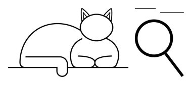 Keşif, gözlem, araştırma, merak, araştırma, keşif, huzur ve basit düz metaforu simgeleyen bir büyüteçle dinlenen bir kedinin siyah çizgisi.