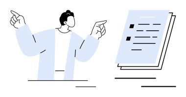 Belirtilmiş berraklığa sahip bir belgeye işaret eden kişi, içeriğe odaklan. İş, öğretim, sunum, iletişim, bilgi paylaşımı, öğrenme, rehberlik için ideal basit düz metafor