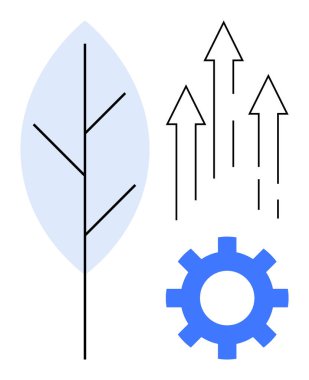Mavi yaprak doğayı sembolize eder, teknoloji için vites, ve büyüme için yukarı doğru oklar. Çevre, yenilik, ilerleme, ekoloji, yenilenebilir enerji geliştirme sürdürülebilirliği için ideal. Basit düz
