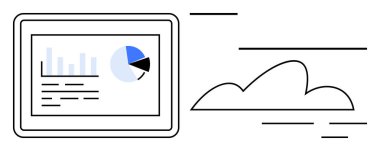 Tablet bulutun yanında çizelge ve grafikleri gösteriyor. Veri görselleştirme, bulut hesaplama, iş zekası, teknoloji, modernizasyon, uzaktan çalışma ve analitik için idealdir. Basit düz