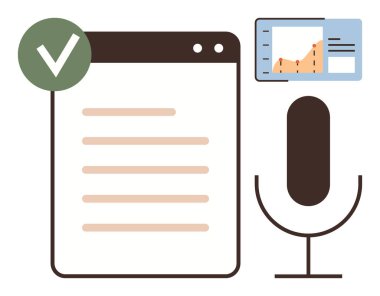 Ses kaydı için mikrofon, grafikli analitik ekran ve görev kontrol listesi tamamlandı. Üretkenlik, analitik, veri izleme, içerik oluşturma, eğitim, iletişim için ideal