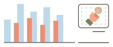 Mavi ve kırmızı tonlarda veri çubuğu çizelgesi dokunmatik ekrana dokunan bir elle eşleştirildi. Veri analizi, teknoloji, çevrimiçi eylem, yenilik, dokunmatik arayüz, karşılaştırma, basit düz metafor için ideal