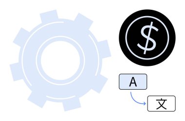 Teknik süreç için vites sembolü, finans için dolar madeni para, çeviri akışı olan metin kutuları. Dil, finans, yazılım, küreselleşme, otomasyon yapay zekası için ideal. Basit düz metafor